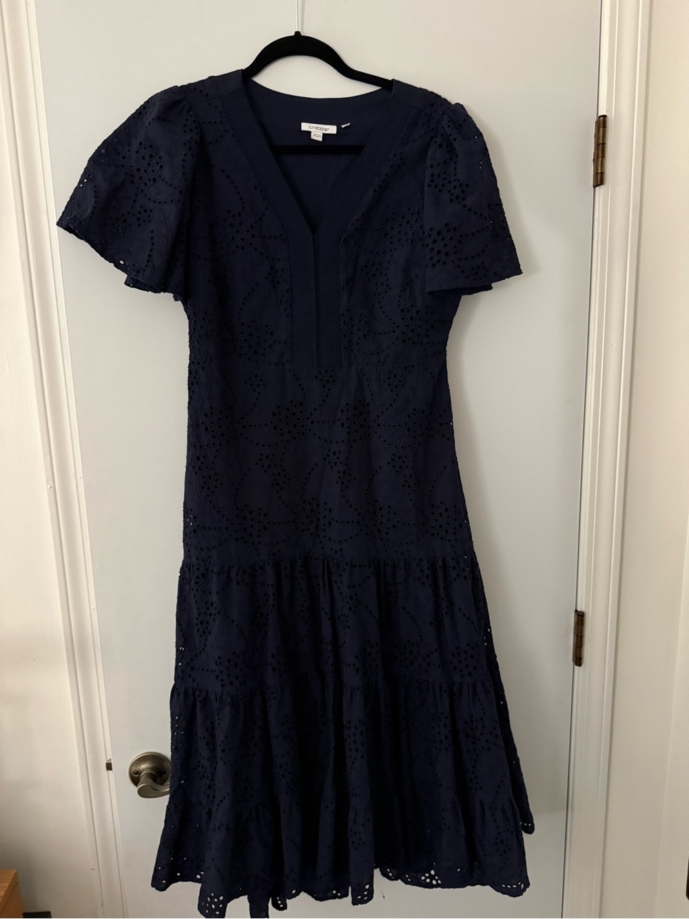 Chico's Navy Eyelet V-Neck Tiered Midi Dress Chicos size 00 (US 2)